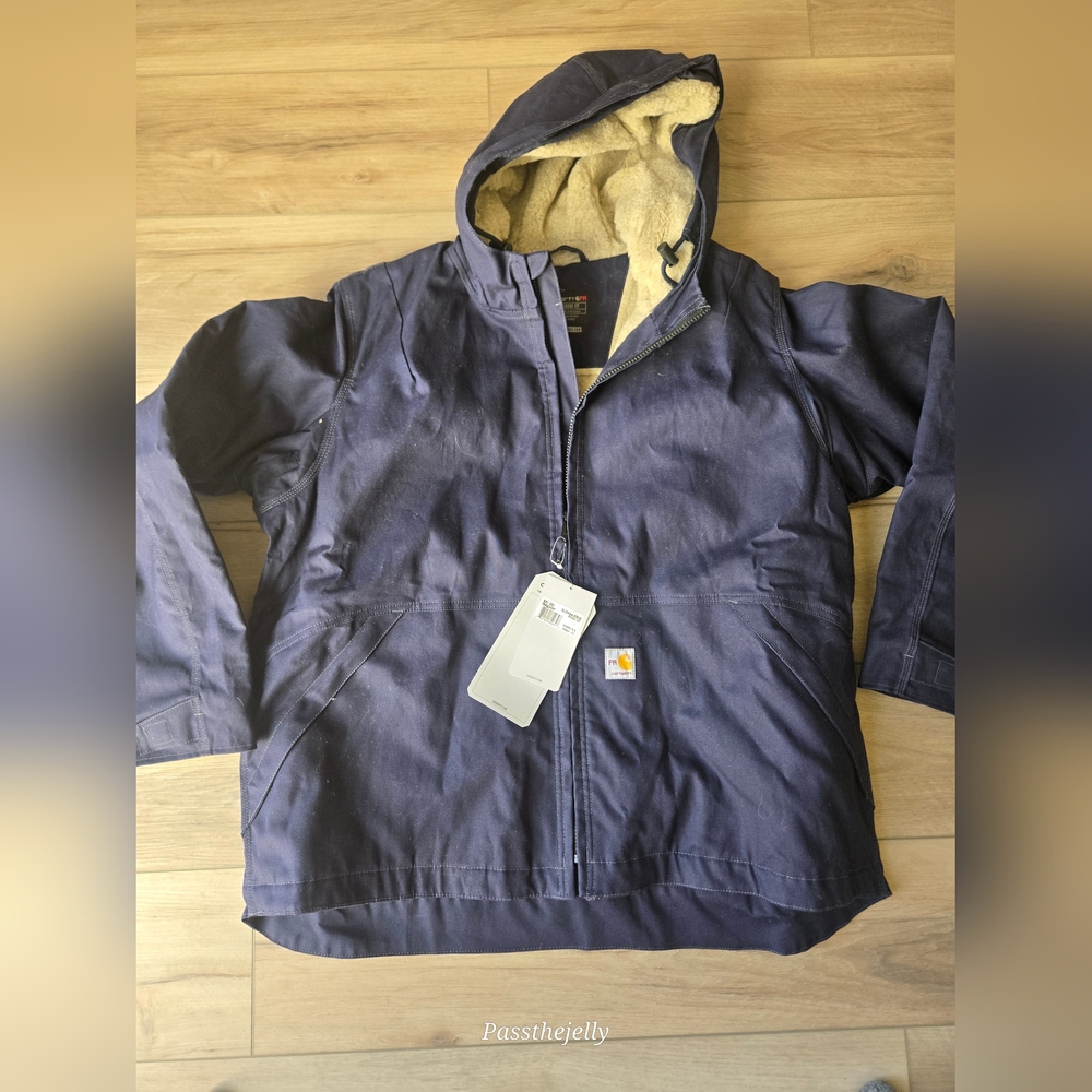 Carhartt Navy Blue‎ Flame Resistant Work Jacket with Yellow Logo Patch Chore
